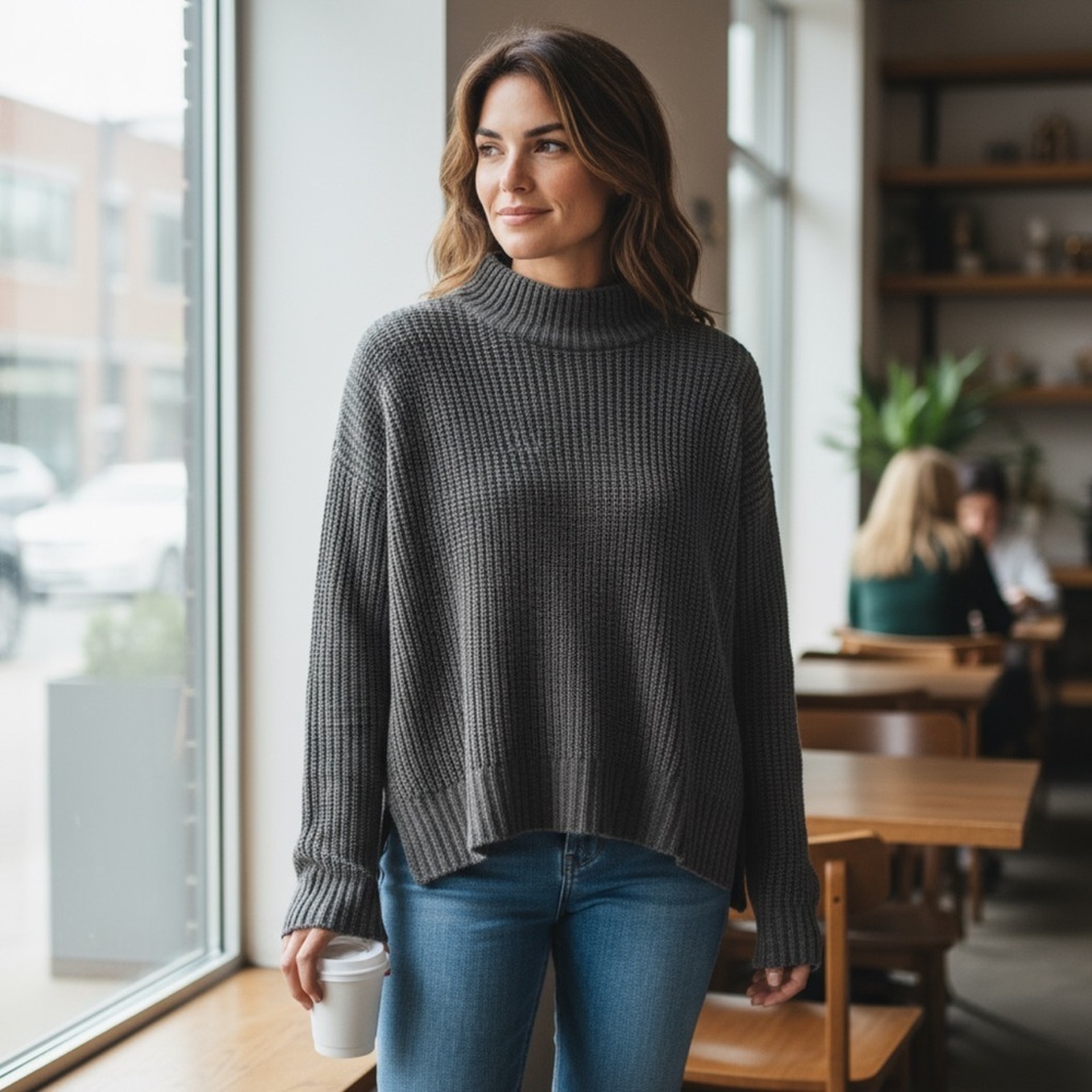 PROJECT NAADAM Gray High Low Knit Mockneck Sweater Pullover Top